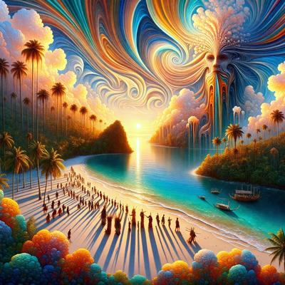 The primary subject of the image is a beach scene with a large group of people walking along the shore. The setting is a beautiful beach with a sunset in the background, creating a serene and relaxing atmosphere. The visual style of the image is a combination of digital art and illustration, giving it a vibrant and colorful appearance. The colors and mood of the image are predominantly warm and inviting, with the sunset casting a warm glow over the scene.